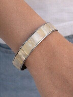 Shell Inlay Bracelet Silver Tone 1970s  Boho Mother Of Pearl Bangle Vintage